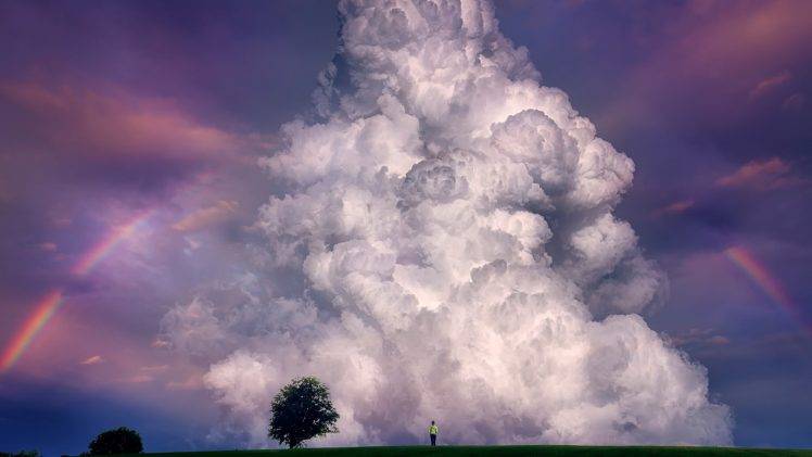 nature, Landscape, Sky, Clouds, Field, Hill, Grass, Trees, Rainbows, Sunset, Women HD Wallpaper Desktop Background