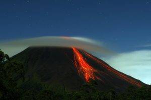 nature, Landscape, Sky, Clouds, Volcano, Eruption, Lava, Trees, Forest, Night, Stars, Long Exposure