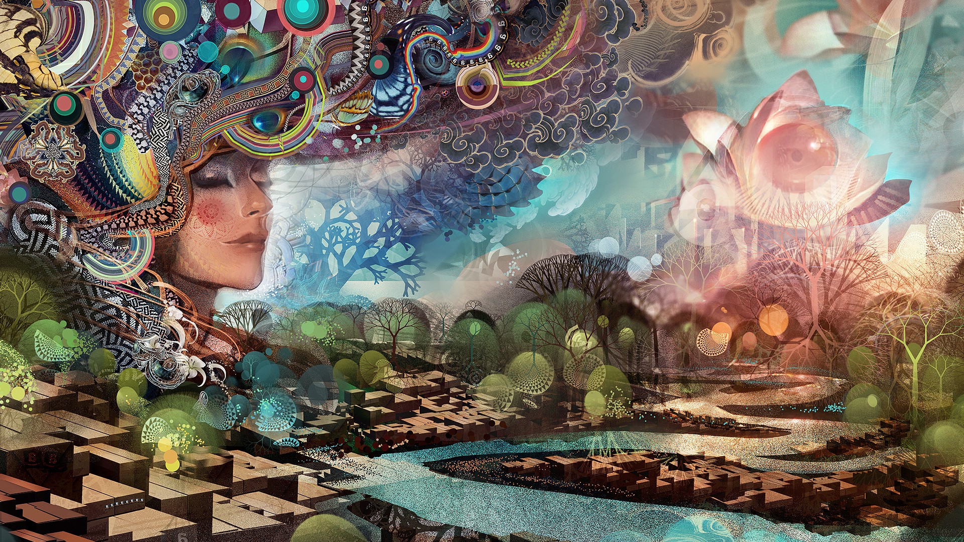 digital Art, Painting, Women, Face, Artwork, Fantasy Art, Abstract, Trees, Closed Eyes, Ornamented, Water, Geometry, Circle, 3D, Android Jones Wallpaper