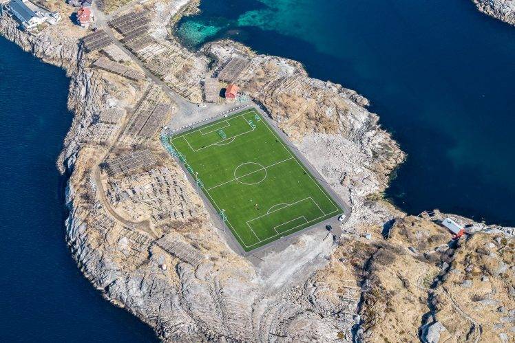 landscape, Field, Soccer, Soccer Pitches, Sea, Lofoten Islands, Norway, Aerial View HD Wallpaper Desktop Background