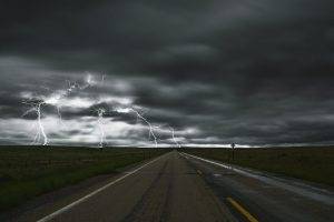 nature, Landscape, Road, Storm, Lightning, Sky, Clouds, Field, Long Exposure, Road Sign, Fence