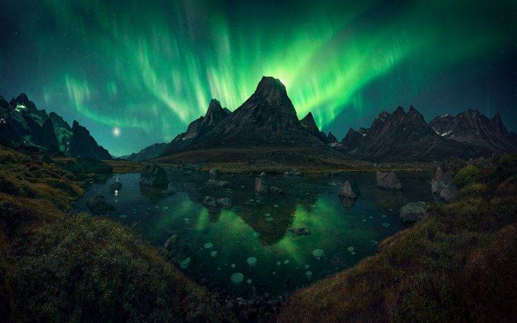 nature, Landscape, Aurorae, Mountain, Lake, Grass, Shrubs, Sky, Stars, Greenland, Summer HD Wallpaper Desktop Background