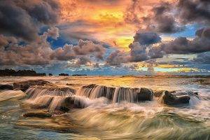 nature, Landscape, Sunset, Coast, Beach, Sky, Clouds, Sea, Rock, Bali, Indonesia, Tropical