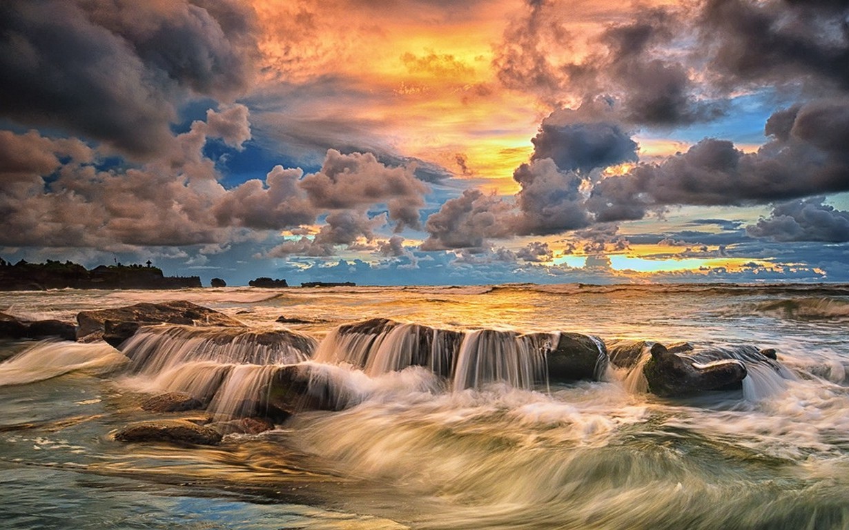 nature, Landscape, Sunset, Coast, Beach, Sky, Clouds, Sea, Rock, Bali, Indonesia, Tropical Wallpaper