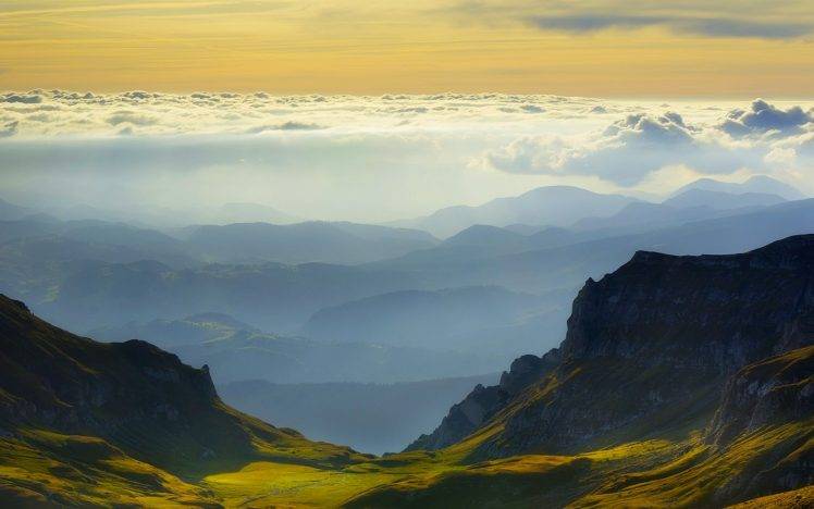 nature, Landscape, Mist, Clouds, Mountain, Grass, Sky, Romania HD Wallpaper Desktop Background