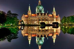 architecture, City, Cityscape, Germany, Water, Old Building, Night, Lights, Sky, Castle, Lake, Trees, Reflection, Mirrored, Clock Towers, Hanover, City Hall, Landscape
