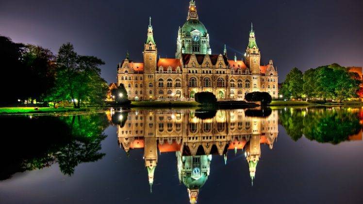 architecture, City, Cityscape, Germany, Water, Old Building, Night, Lights, Sky, Castle, Lake, Trees, Reflection, Mirrored, Clock Towers, Hanover, City Hall, Landscape HD Wallpaper Desktop Background