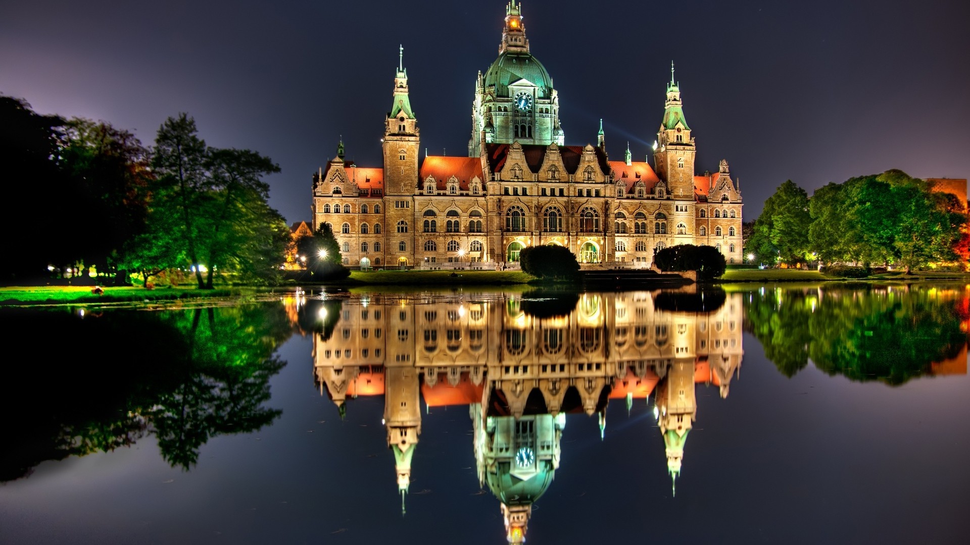 architecture, City, Cityscape, Germany, Water, Old Building, Night, Lights, Sky, Castle, Lake, Trees, Reflection, Mirrored, Clock Towers, Hanover, City Hall, Landscape Wallpaper