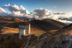 nature, Landscape, Building, Clouds, Hill, Rock, Italy, Chapel, Sunlight, Mist, Path