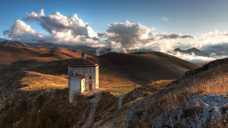 nature, Landscape, Building, Clouds, Hill, Rock, Italy, Chapel, Sunlight, Mist, Path HD Wallpaper Desktop Background