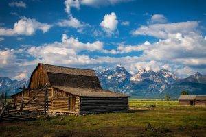 nature, Landscape, Building, Clouds, Grand Teton National Park, Wood, House, Wyoming, USA, Mountain, Snowy Peak, Field, Grass, Trees, Fence