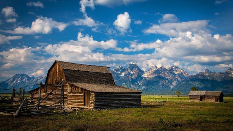 nature, Landscape, Building, Clouds, Grand Teton National Park, Wood, House, Wyoming, USA, Mountain, Snowy Peak, Field, Grass, Trees, Fence HD Wallpaper Desktop Background
