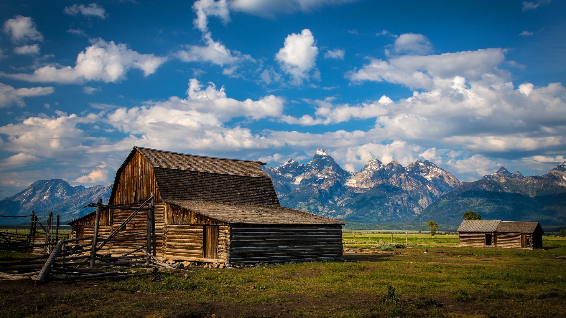 nature, Landscape, Building, Clouds, Grand Teton National Park, Wood, House, Wyoming, USA, Mountain, Snowy Peak, Field, Grass, Trees, Fence Wallpaper