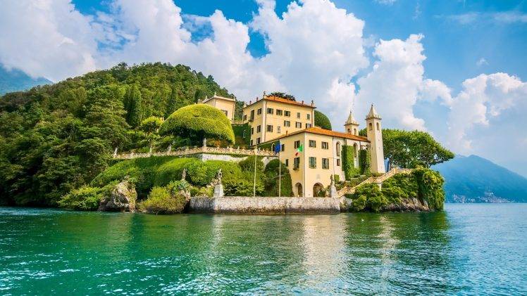 nature, Landscape, Building, Clouds, Hill, Trees, Forest, Lake Como, Italy, Cottage, Tower, Rock, Sculpture, Town HD Wallpaper Desktop Background