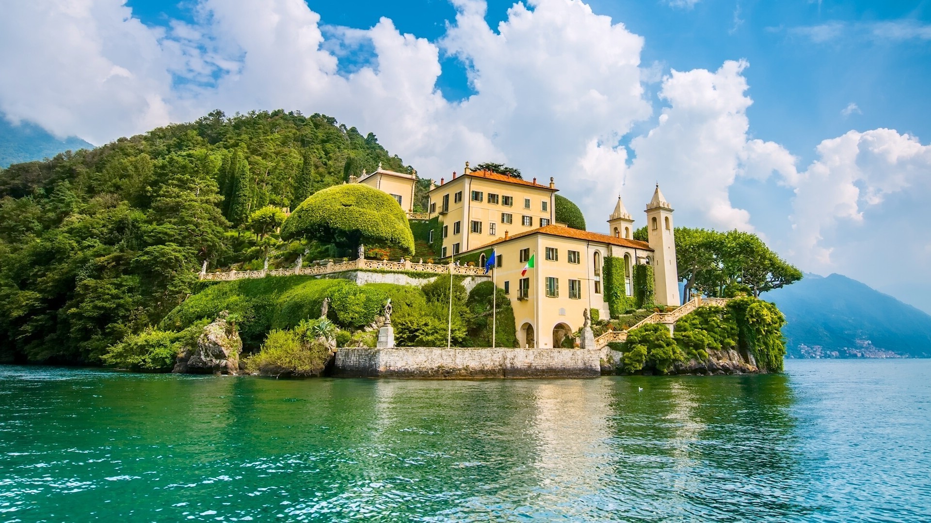 nature, Landscape, Building, Clouds, Hill, Trees, Forest, Lake Como, Italy, Cottage, Tower, Rock, Sculpture, Town Wallpaper
