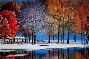 nature, Landscape, Fall, Snow, Trees, Colorful, Water, Bench