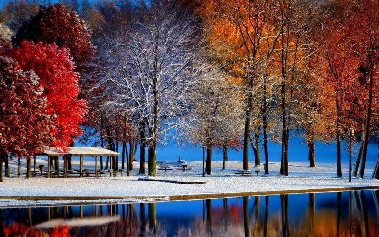 nature, Landscape, Fall, Snow, Trees, Colorful, Water, Bench HD Wallpaper Desktop Background
