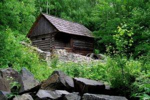 nature, Landscape, Cabin, Forest, Mill, Stones, Spring, Shrubs, Trees