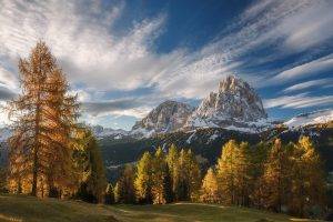 landscape, Nature, Fall, Mountain, Forest, Grass, Sunset, Snowy Peak, Clouds, Trees, Alps, Italy, Sky