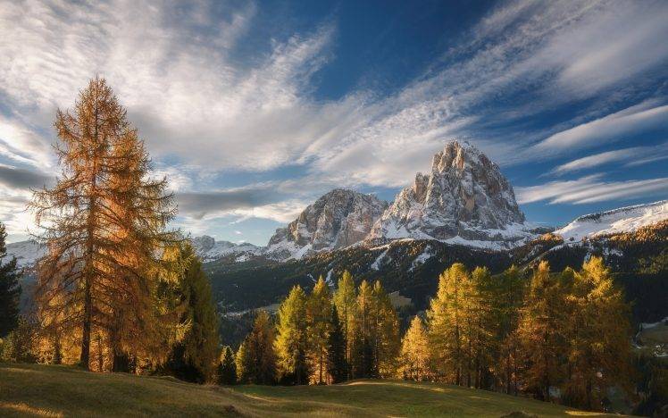 landscape, Nature, Fall, Mountain, Forest, Grass, Sunset, Snowy Peak, Clouds, Trees, Alps, Italy, Sky HD Wallpaper Desktop Background