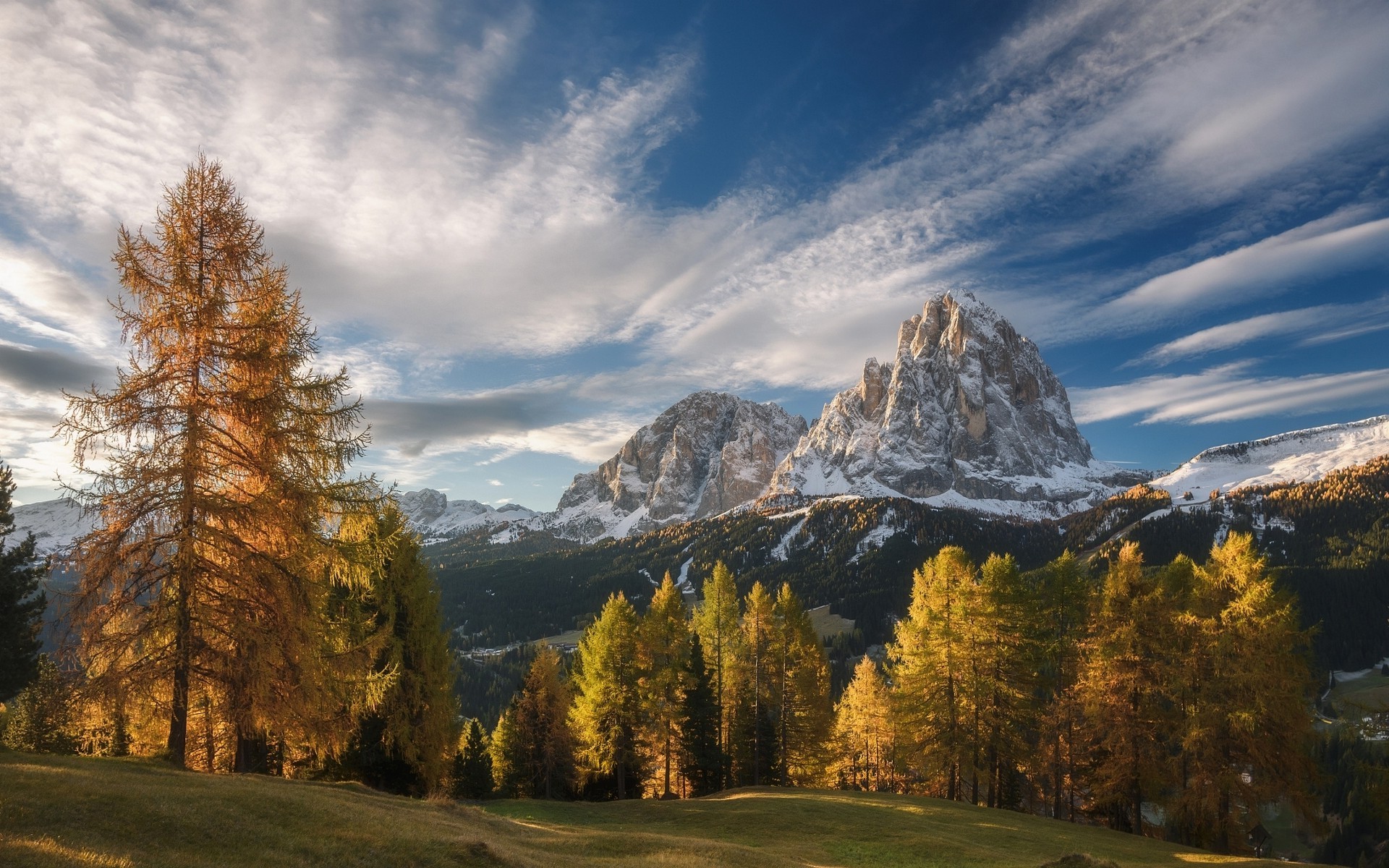 landscape, Nature, Fall, Mountain, Forest, Grass, Sunset, Snowy Peak, Clouds, Trees, Alps, Italy, Sky Wallpaper