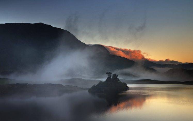 landscape, Nature, Sunrise, Mountain, Lake, Mist, Calm, Island HD Wallpaper Desktop Background