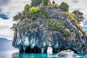 nature, Landscape, Cathedral, Rock, Lake, Island, Trees, Shrubs, Patagonia, Chile, Erosion, Cave, Turquoise, Water