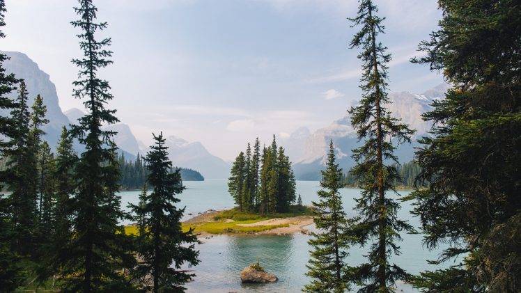 lake, Trees, Mountain, Island, Forest, Nature, Landscape, Canada HD Wallpaper Desktop Background