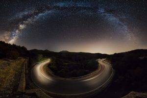 nature, Landscape, Starry Night, Road, Milky Way, Hill, Galaxy, Dry Grass, Trees, Walls, Lights, Long Exposure
