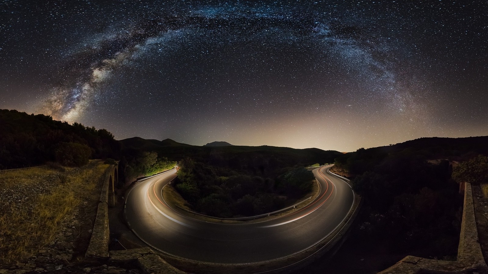nature, Landscape, Starry Night, Road, Milky Way, Hill, Galaxy, Dry Grass, Trees, Walls, Lights, Long Exposure Wallpaper
