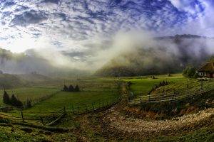 nature, Landscape, Mist, Sunrise, Field, Hill, House, Hut, Fence, Dirt Road, Clouds, Morning, Daylight, Grass, Romania, Trees
