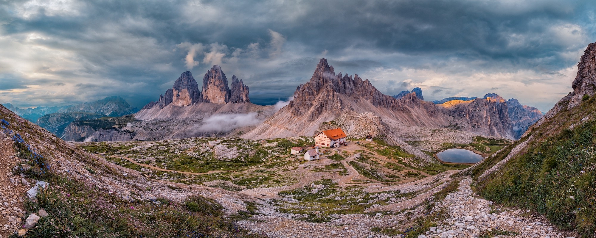 nature, Landscape, Panoramas, Mountain, Lake, Wildflowers, Alps, Italy, Clouds, Summer, Hotels, Cabin Wallpaper
