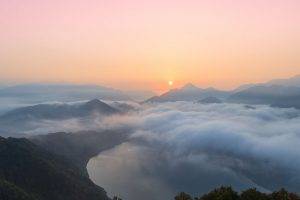 nature, Landscape, Sunrise, Clouds, Mountain, Lake, Mist, Forest, South Korea