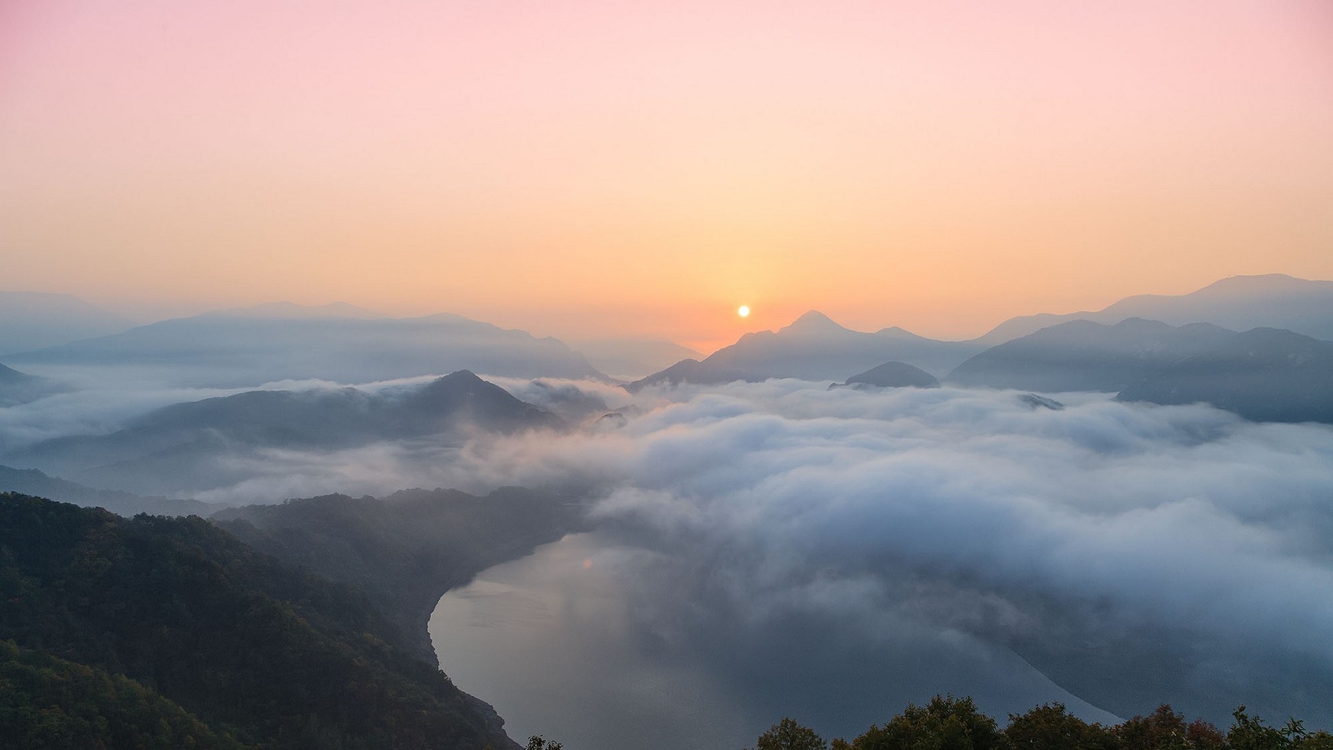 nature, Landscape, Sunrise, Clouds, Mountain, Lake, Mist, Forest, South Korea Wallpaper