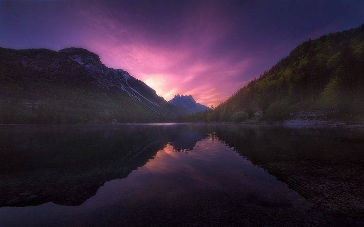 nature, Landscape, Calm, Sunrise, Lake, Reflection, Mountain, Forest, Sky, Sunlight HD Wallpaper Desktop Background