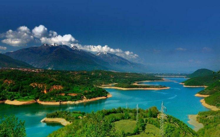 nature, Landscape, Lake, Mountain, Emerald, Water, Clouds, Grass, Macedonia, Snowy Peak, Shrubs HD Wallpaper Desktop Background