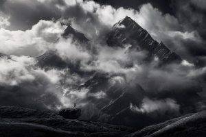 nature, Landscape, Monochrome, Mountain, Himalayas, Clouds, Snowy Peak