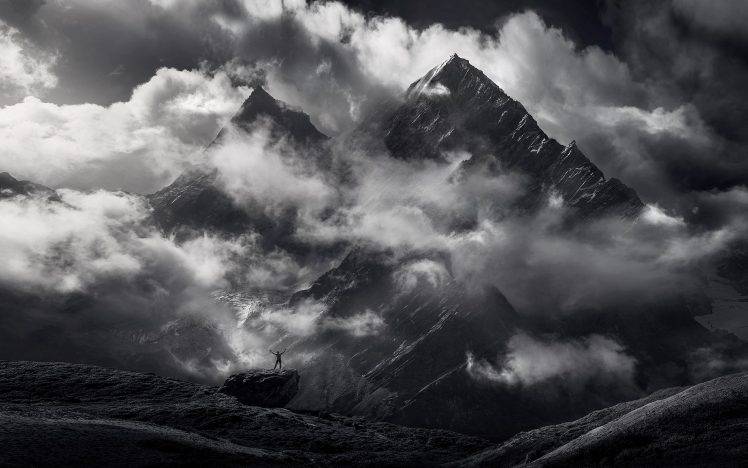 nature, Landscape, Monochrome, Mountain, Himalayas, Clouds, Snowy Peak HD Wallpaper Desktop Background