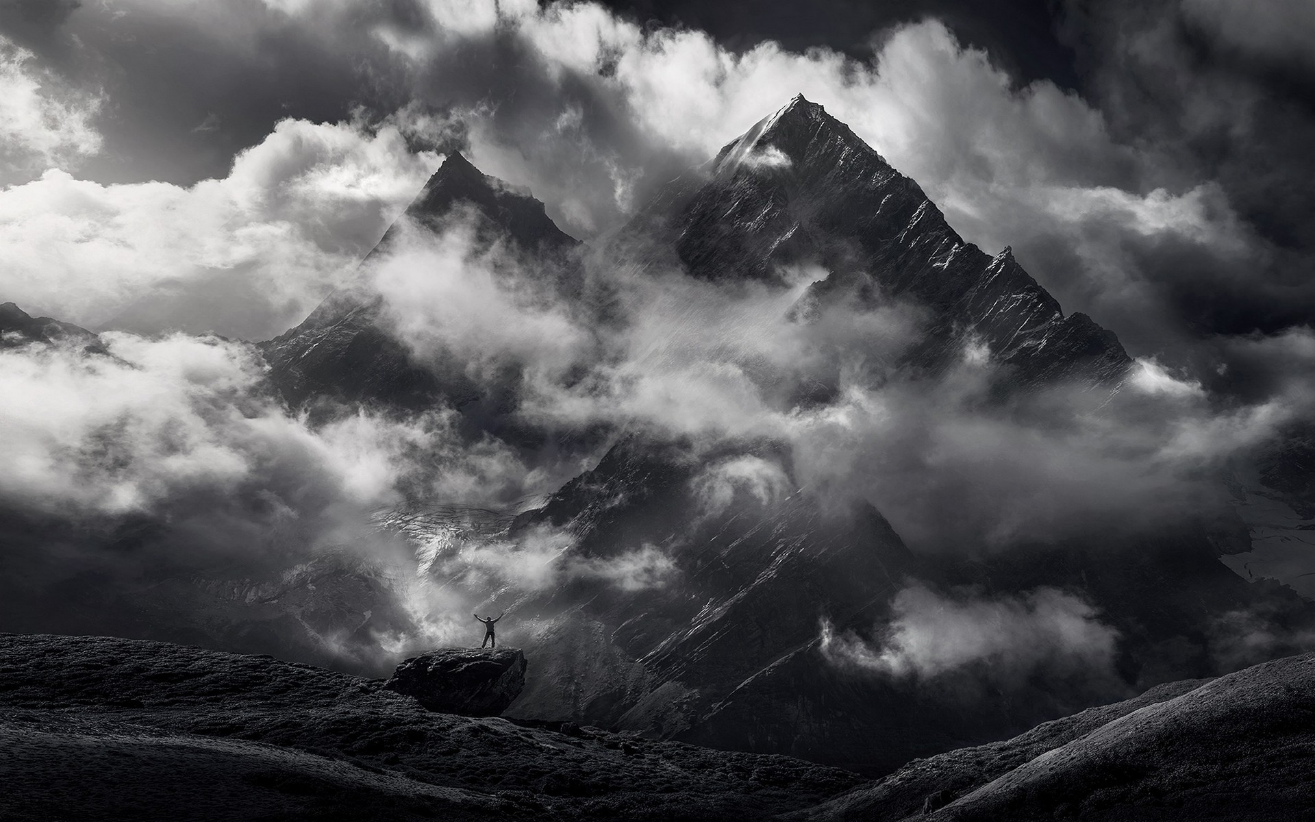 nature, Landscape, Monochrome, Mountain, Himalayas, Clouds, Snowy Peak Wallpaper