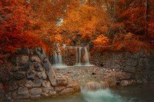 nature, Landscape, Fall, Bridge, Park, River, Red, Amber, Leaves, Trees, Walls