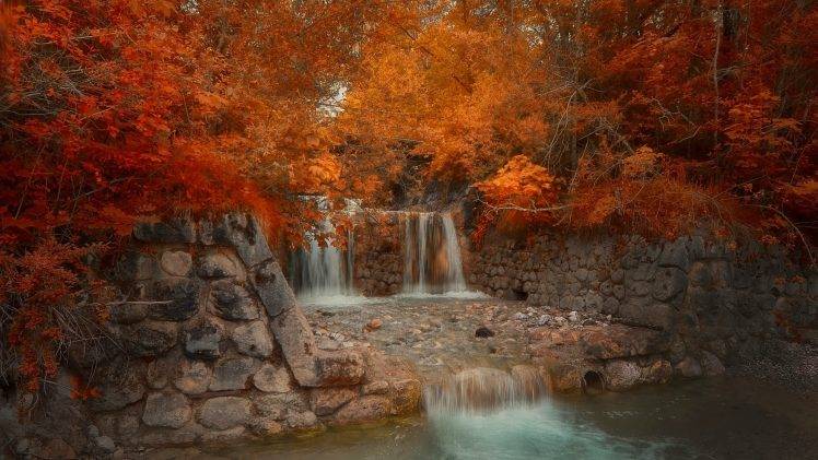 nature, Landscape, Fall, Bridge, Park, River, Red, Amber, Leaves, Trees, Walls HD Wallpaper Desktop Background