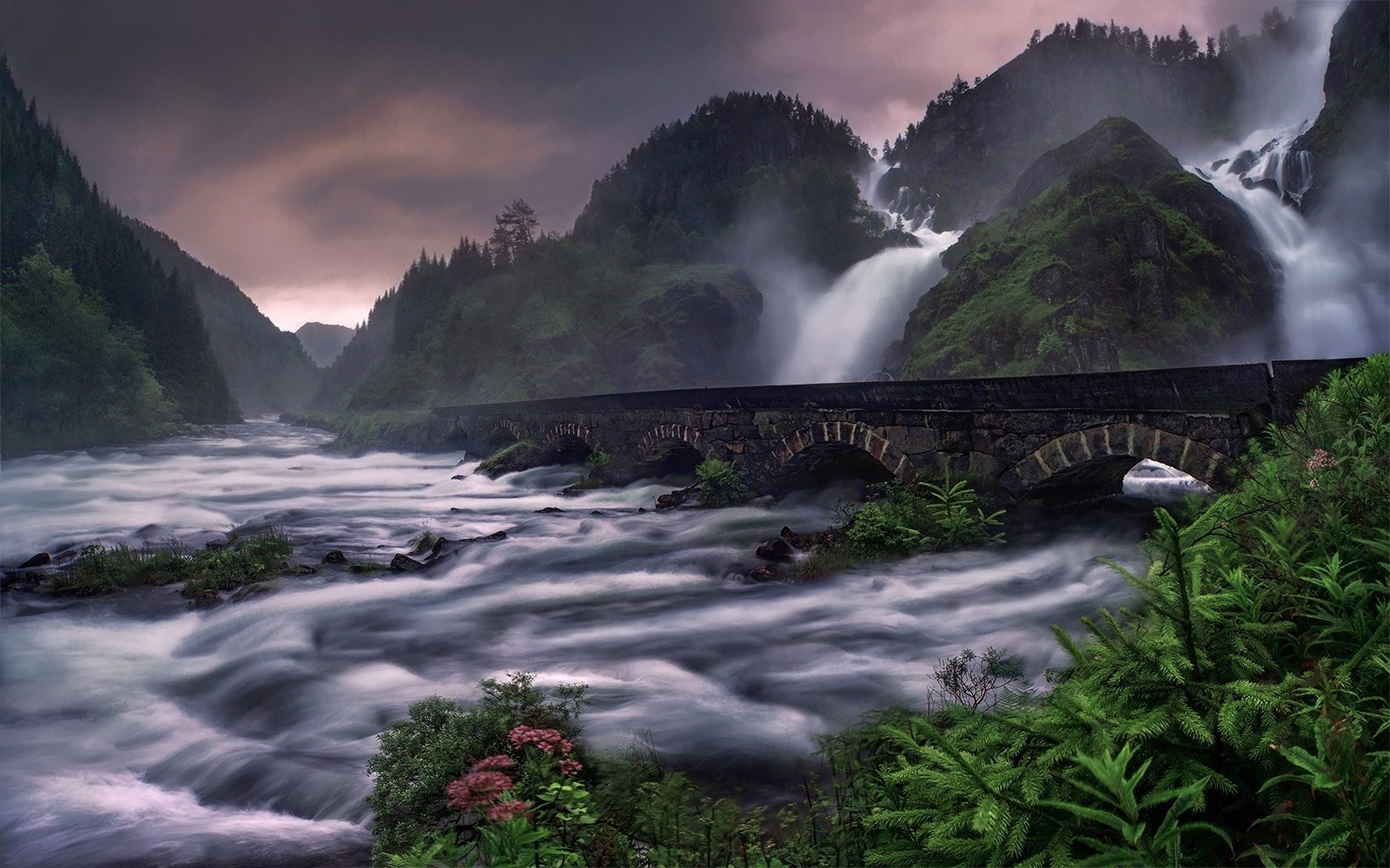 nature, Landscape, Waterfall, River, Mountain, Ferns, Wildflowers, Clouds, Bridge, Road, Norway Wallpaper