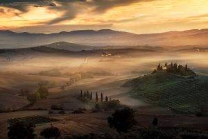 nature, Landscape, Sunrise, Mist, Tuscany, Italy, Field, Trees, Hill, Clouds, Sky