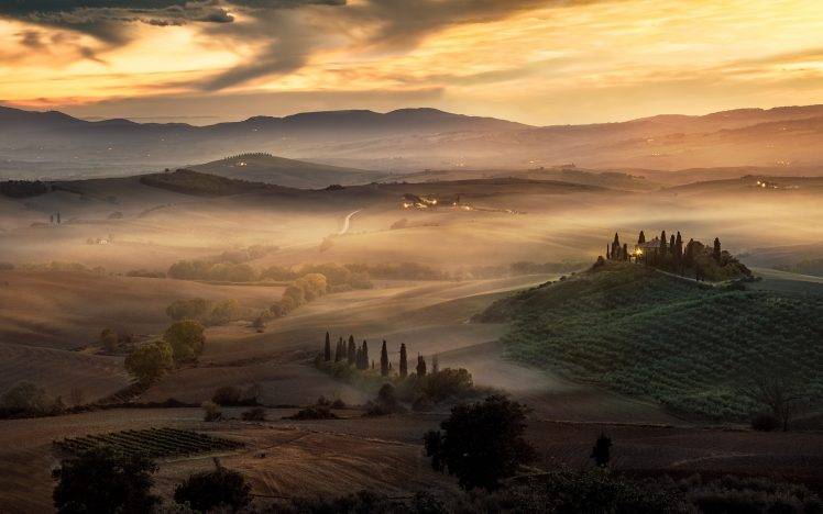 nature, Landscape, Sunrise, Mist, Tuscany, Italy, Field, Trees, Hill, Clouds, Sky HD Wallpaper Desktop Background