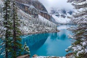 nature, Landscape, Moraine Lake, Canada, Winter, Turquoise, Water, Forest, Mountain, Snow, Trees, Clouds