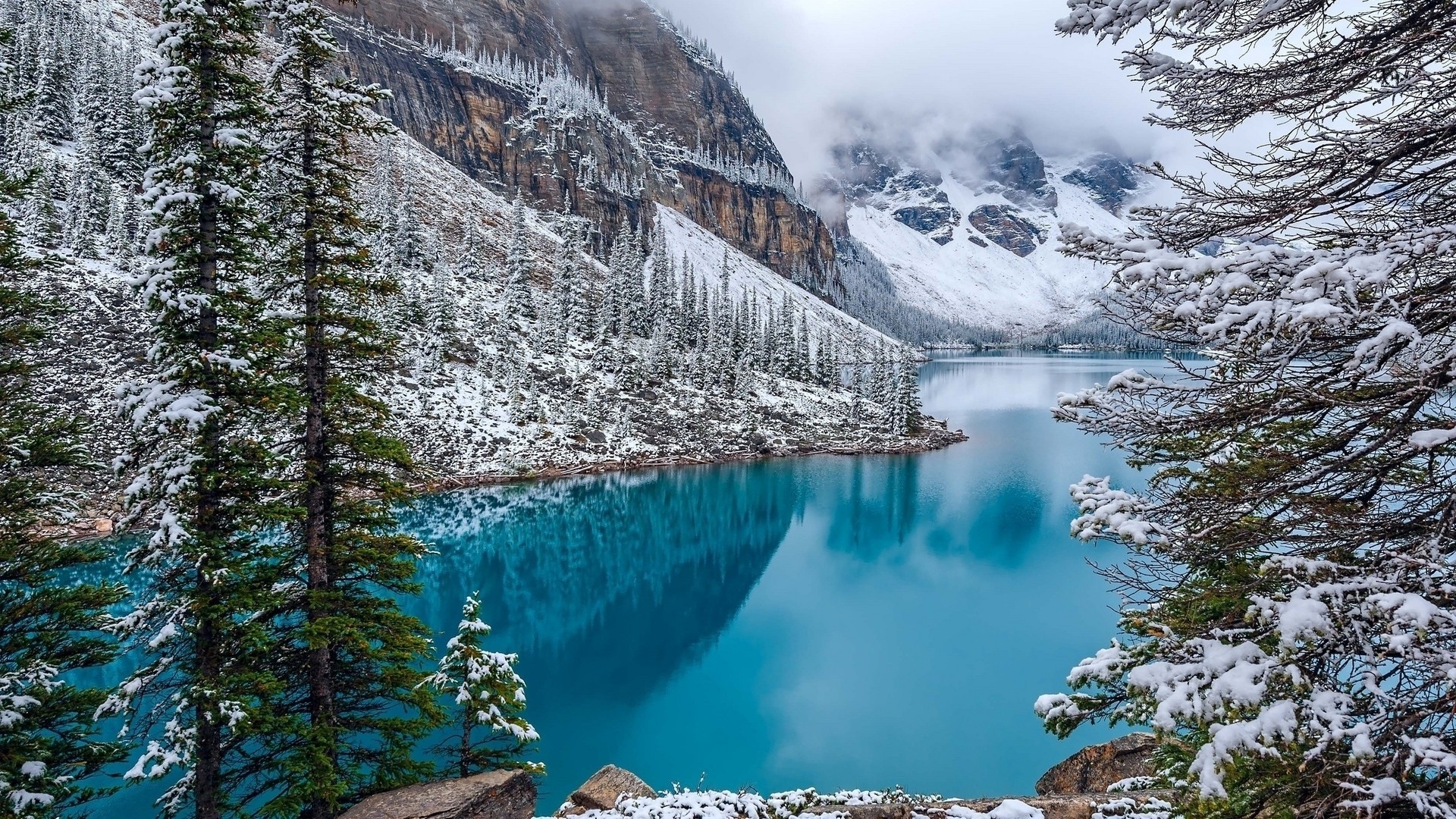nature, Landscape, Moraine Lake, Canada, Winter, Turquoise, Water, Forest, Mountain, Snow, Trees, Clouds Wallpaper