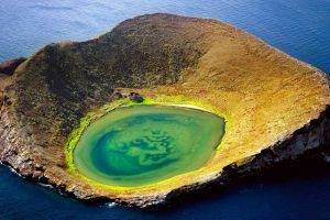 nature, Landscape, Volcano, Crater, Lake, Island, Ecuador, Sea