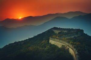 nature, Landscape, Great Wall Of China, Sunset, Mountain, Mist, Red, Sky, Shrubs, Architecture