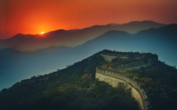 nature, Landscape, Great Wall Of China, Sunset, Mountain, Mist, Red, Sky, Shrubs, Architecture HD Wallpaper Desktop Background
