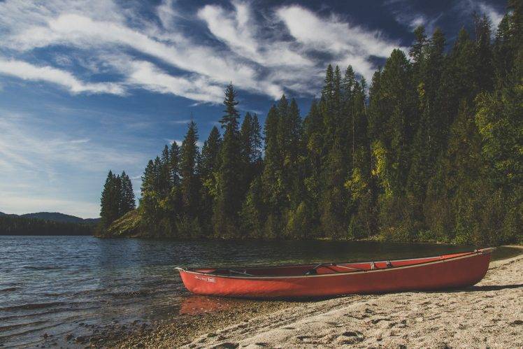 landscape, Lake, Boat, Trees, Clouds HD Wallpaper Desktop Background